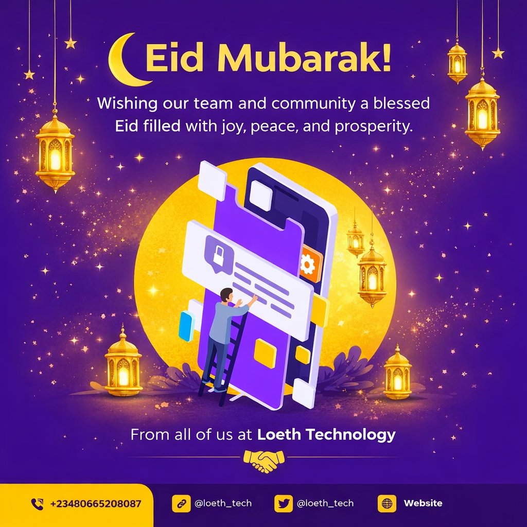 Loeth_Tech's tweet photo. Eid Mubarak ๐
Wishing everyone at Loeth Technology and our valued community a joyful and peaceful celebration.
May this season bring growth, success, and new opportunities for us all.
Enjoy the moment. Celebrate with loved ones.
From all of us at Loeth Technology ๐ค#TechSolution https://t.co/OTZfAIJR6T