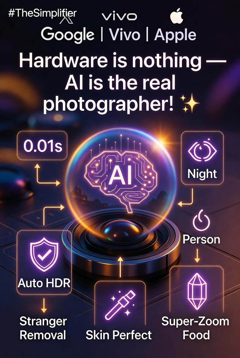 PromptlyHit's tweet image. 📸 Snap → AI spots “Night + Face + Food” in 0.01s  
Does: Auto HDR • erases photobombers • perfects skin • super-zooms  
Google/Vivo/Apple dominate!  
Hardware alone isn't enough — AI is the real shooter now 📸  
Tag a friend!  
#TheSimplifier #AICamera