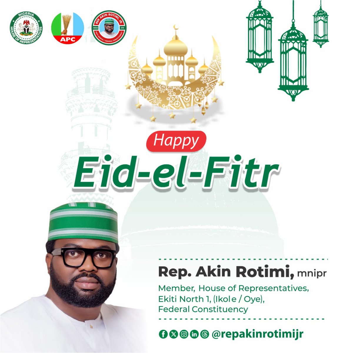 repakinrotimijr's tweet photo. Today, I join our Muslim brothers and sisters across Ekiti North 1 (Ikole/Oye Federal Constituency) in celebrating the joyous occasion of Eid-el-Fitr.

As we mark the end of the month of Ramadan, I extend my warmest greetings and heartfelt wishes to you and your families. This sacred season reminds us of the enduring values of faith, sacrifice, compassion, and unity.

May this Eid bring renewed hope, peace, and abundant blessings to every home across Ikole and Oye. May our constituency continue to grow in harmony, prosperity, and shared progress.

I pray that the lessons of Ramadan, discipline, generosity, and devotion, will continue to guide us as we work together for a stronger and more inclusive Ekiti North 1.

Please see here the text of the recently held Ramadan lecture. 

Link : https://t.co/U5ZBmyXLQU

Eid Mubarak!

AkinỌmỌAkin