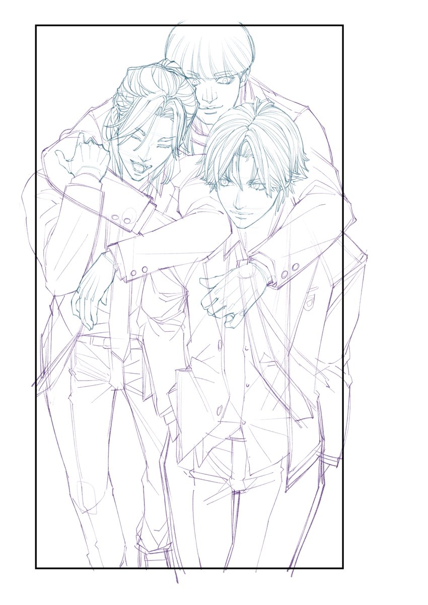 ラスト1コマ、下描き完了。
あとはこれをペン入れして仕上げれば全ページ完成!
いつも1ページ目の最初の1コマを最後に残す癖。
3人が絡む全身立ち絵しんどいが4時までに描ききる! 