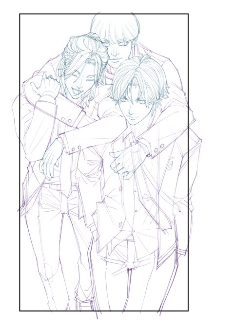 ラスト1コマ、下描き完了。 あとはこれをペン入れして仕上げれば全ページ完成! いつも1ページ目の最初の1コマを最後に残す癖。 3人が絡む全身立ち絵しんどいが4時までに描ききる!