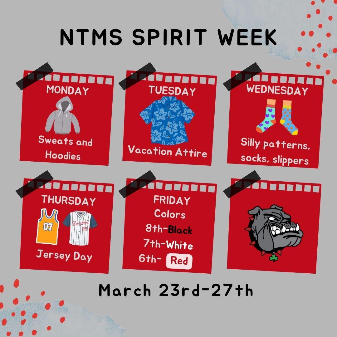 NorthTappsMS's tweet photo. Get ready for Spirit Week! 🎉 March 23-27:
Mon: Sweats &amp; Hoodies 👕 Tue: Vacation Attire 🏖️ Wed: Silly Patterns, Socks &amp; Slippers 🧦 Thu: Jersey Day 🏀 Fri: Color Wars (8th Black 🖤, 7th White 🤍, 6th Red ❤️) &amp; Pep Assembly! https://t.co/gKJbyjrNtU