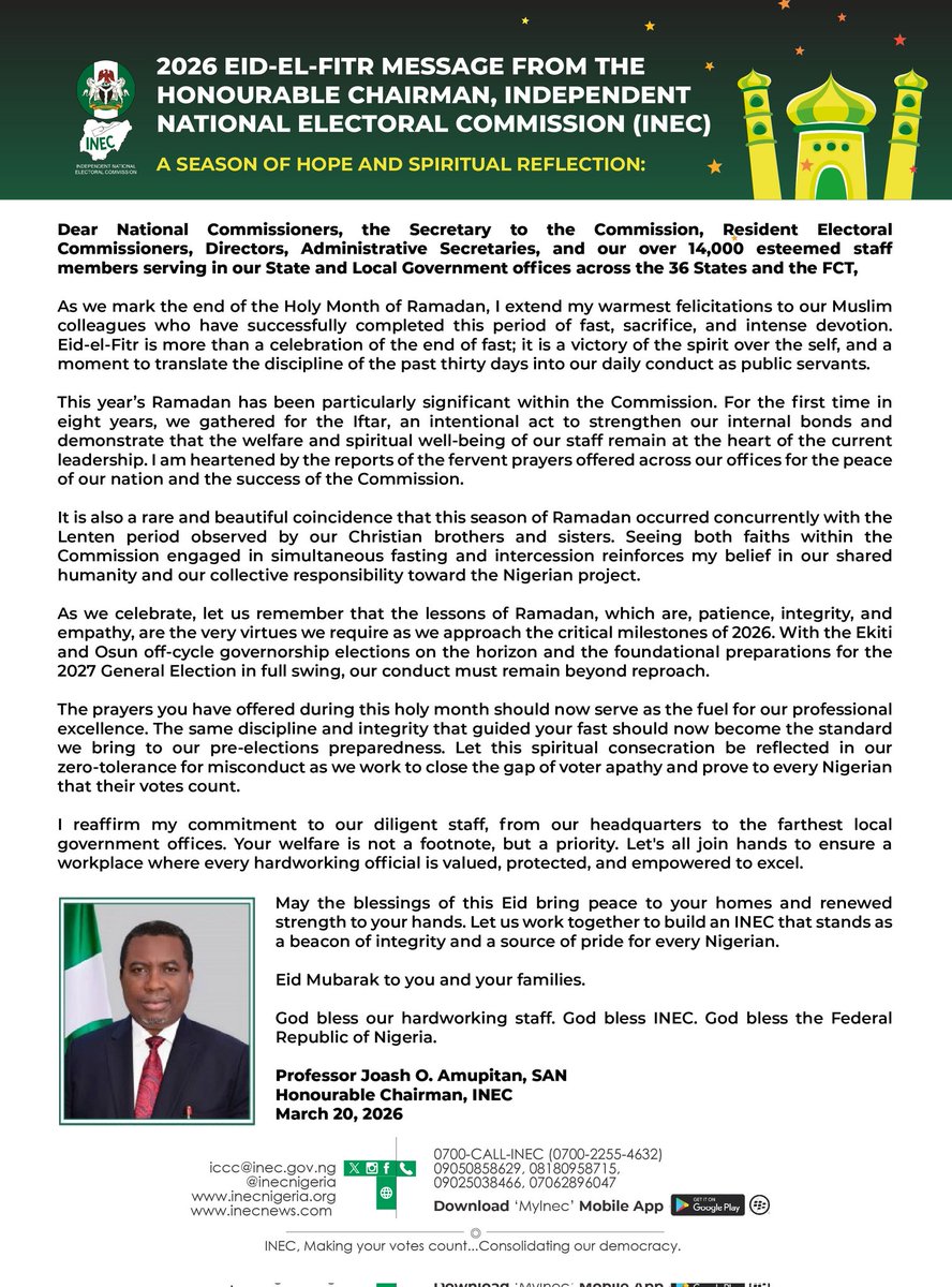 2026 EID-EL-FITR MESSAGE FROM THE HONOURABLE CHAIRMAN, INDEPENDENT NATIONAL ELECTORAL COMMISSION (INEC).