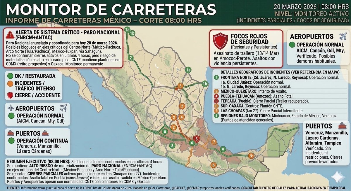 Monitorcarrete1's tweet photo. 🚧 MonitorCarreterasMX | 
Informe del 20 de Marzo de 2026 al corte de las 08:00 HRS.

⚠️ Alto riesgo de activación de PARO NACIONAL coordinado (FNRCM+ANTAC) en los ejes del Centro-Norte, especialmente México-Pachuca y Arco Norte. Monitoreo permanente.

💔 Incidentes Severos: Lamentable asalto fatal a un trailero y una enfermera en Puebla-Tehuacán (Amozoc). Además, se reporta un intento de asalto evadido en la México-Querétaro.

🚧 Otros Cierres: Cierre parcial intermitente por accidente en Las Choapas (km 27). Persisten plantones de la CNTE en Oaxaca y CDMX.

✈️⛴️ Logística: Operación normal en los principales Puertos y Aeropuertos del país.