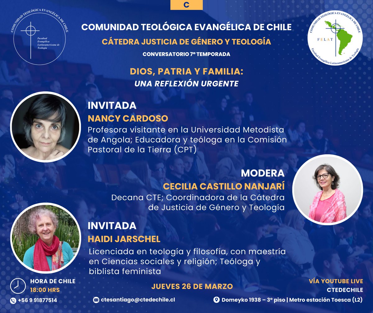 ctedechile's tweet photo. Bienvenidas/os a la 7a. temporada de Conversatorios en la CTE.
Iniciamos este año con dos teólogas de trayectorias y aportes valiosos desde sus identidades.
Esta temporada tendrá invitados/as que abordarán y aportarán elementos valiosos para la reflexión y formación teológica. https://t.co/Gh09xlmxr2