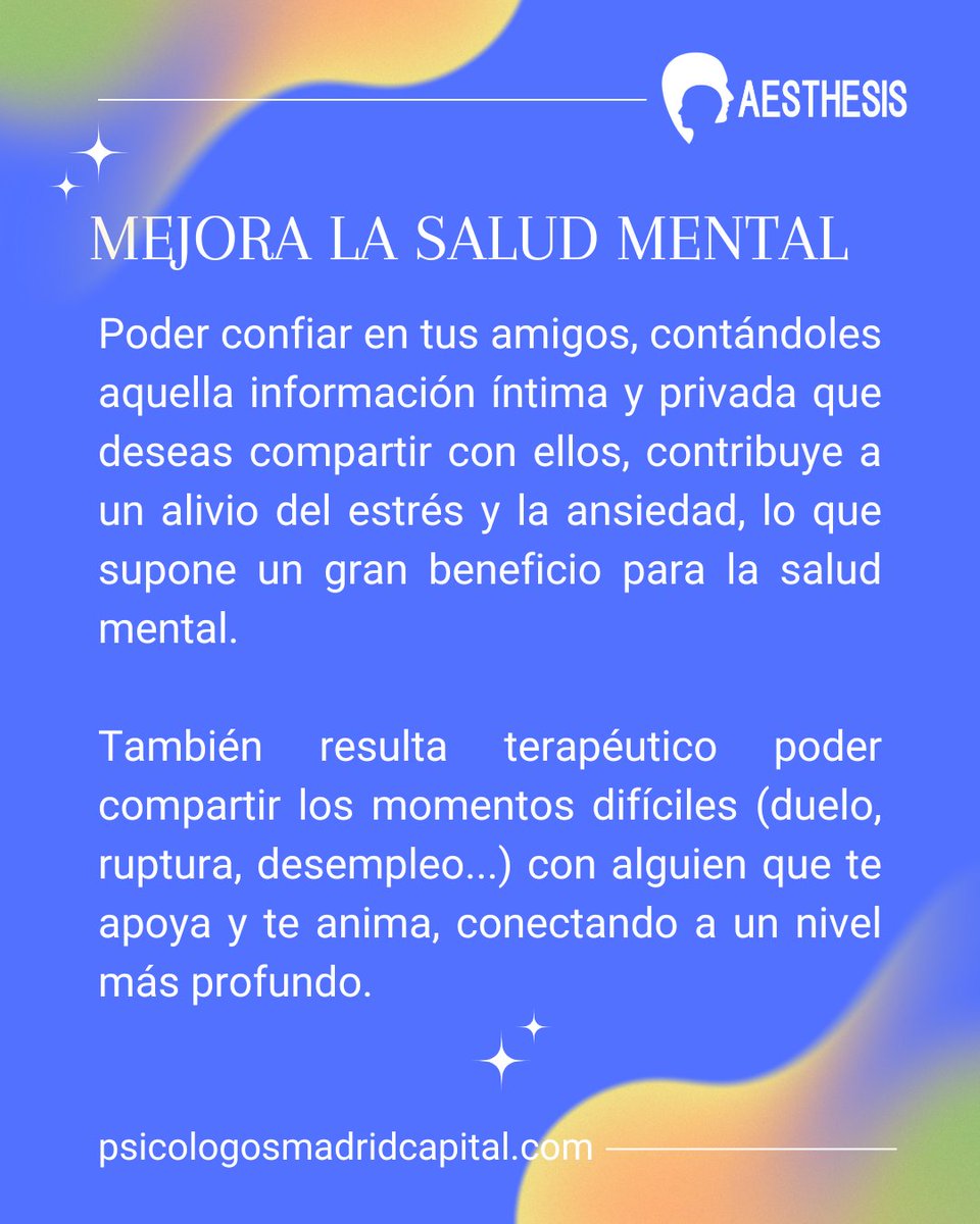 AesthesisPsico's tweet photo. 😊Desde la infancia y hasta la última etapa del ciclo vital, los amigos forman una parte esencial en el día a día de las personas.
👉¿Quieres saber por qué es tan IMPORTANTE tener AMIGOS?
Indaga en nuestro Blog https://t.co/uW1jGuHp1P

#amigos #amistad #importanciaAmigos https://t.co/cBgmtWfidO