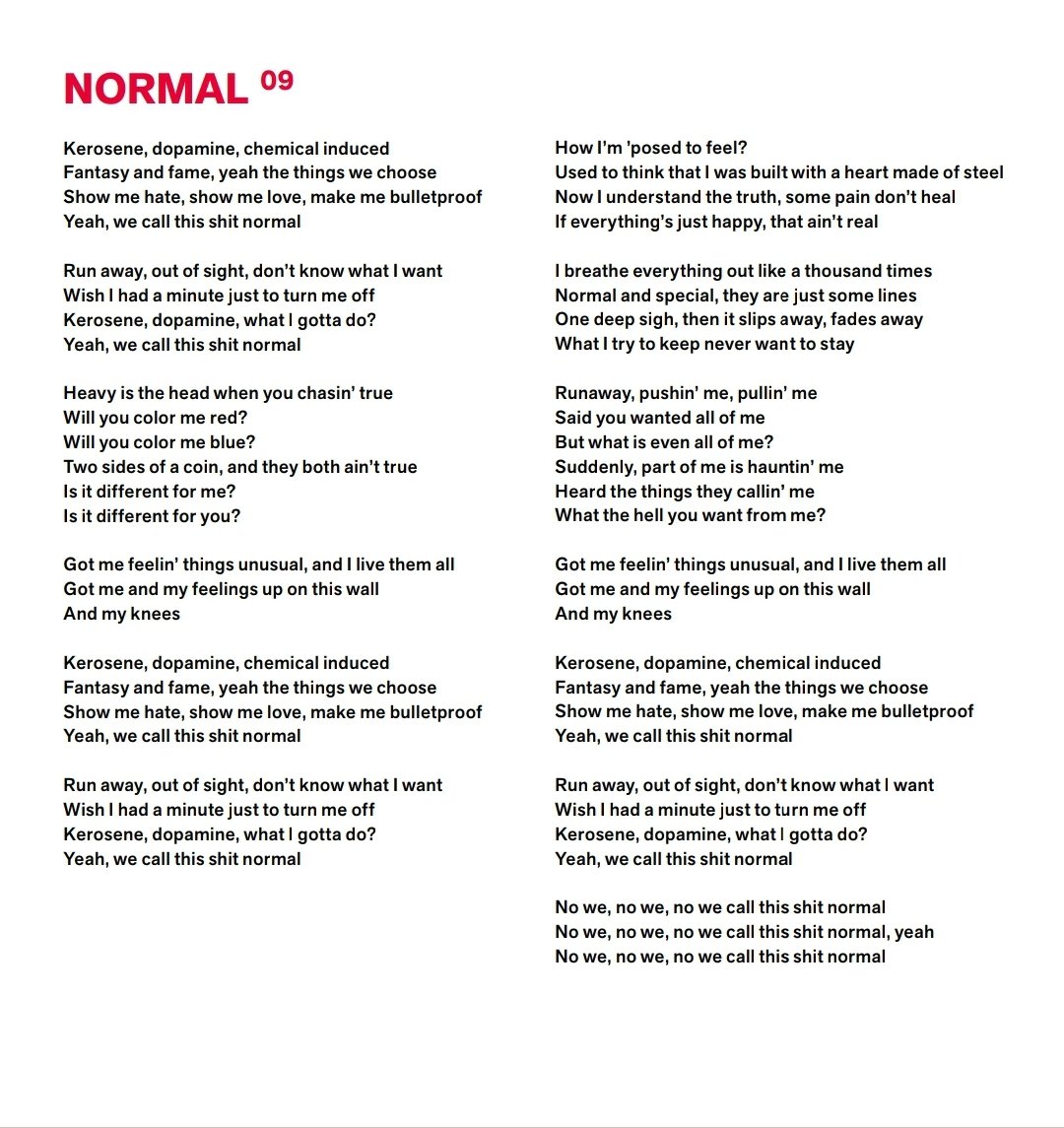 __Samira7__'s tweet photo. Similar to the saying “Heavy is the head that wears the crown 👑” but replacing “crown” with “truth”. Not chasing power, but honesty.

Looking at the lyrics of NORMAL, they are built on opposites, on balance ☯️:

"Two sides of a coin... and they both ain’t true" https://t.co/QTwJtUO71Y