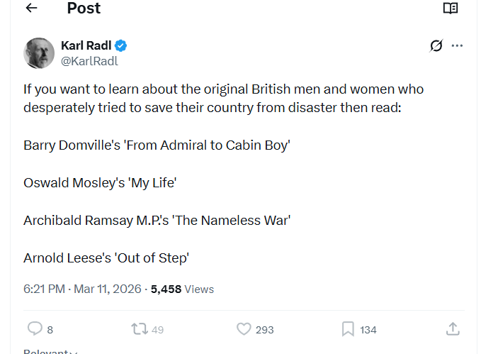 noam_dworman's tweet photo. 2/x A few months ago, Darryl Cooper identified Nazis defenders @KarlRadl and @REAL_7homas777 as intellectual heroes.

Shocker: Radl tweeted about Mosley just last week.

(Now that type of evidence is not good enough for me, but it ought to be for Tucker and his followers.) https://t.co/Orj5PzyTGV