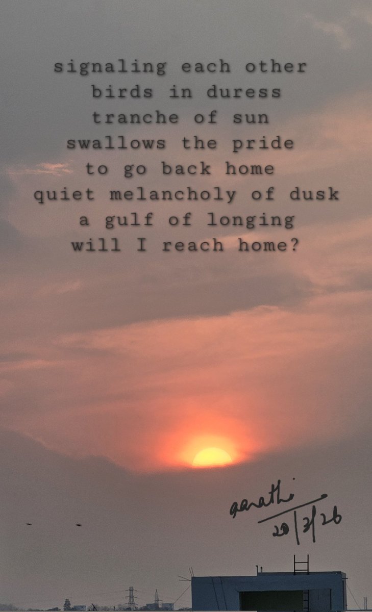 Coffeehudigi's tweet photo. signaling each other
birds in duress
a tranche of sun
swallows its pride
to go back home
quiet melancholy of dusk
a gulf of longing
will I reach home? #poemsiwrite #poetry #poetrylovers #marchpoems https://t.co/PcQWXFoeru