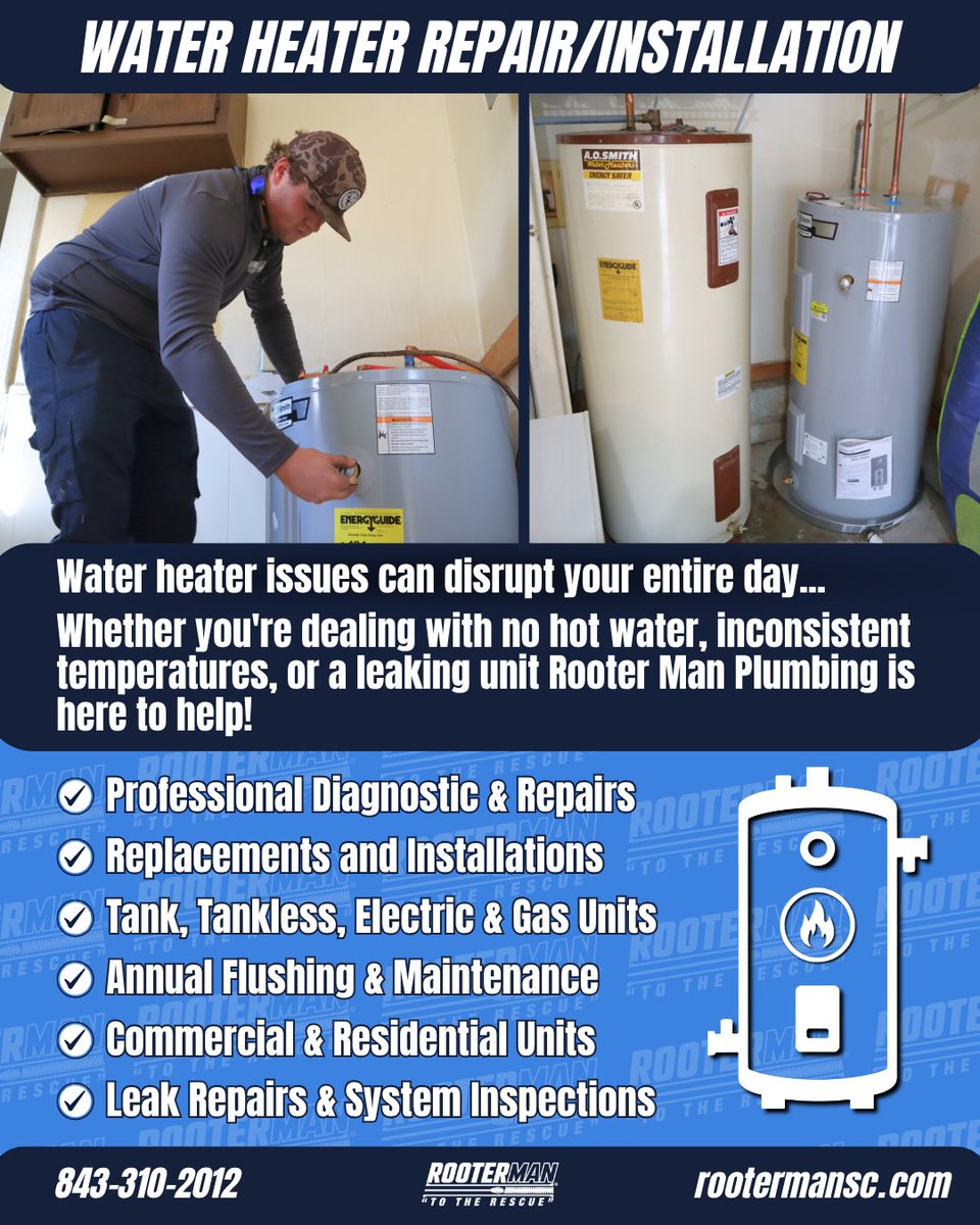 RooterManSC's tweet image. 🔥 Water Heater Repair &amp;amp; Installation 💧

 Our water heater services help fix issues like:

✅ No hot water
✅ Inconsistent temperatures
✅ Leaks &amp;amp; faulty valves
✅ Worn heating elements
✅ Aging or inefficient units

#rooterman #charleston #waterheater #plumbersnearme #plumbing