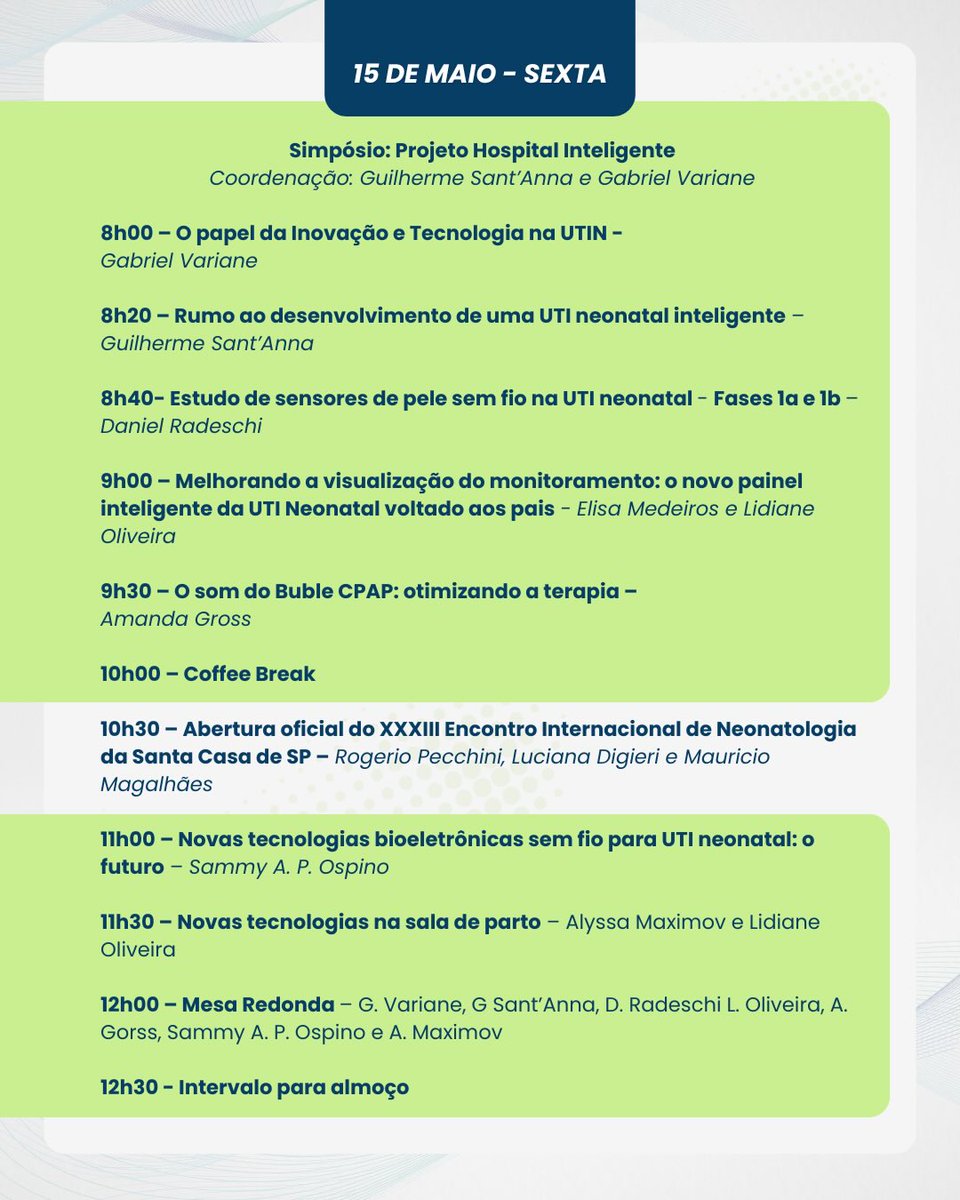 SmartHospProj's tweet photo. We are proud to announce that our team will be presenting several studies at the International Neonatal Conference at Santa Casa de São Paulo in May!

We hope to see you all there!

To register email: neonatologia@santacasasp.com.br https://t.co/ERZcWDNLUM