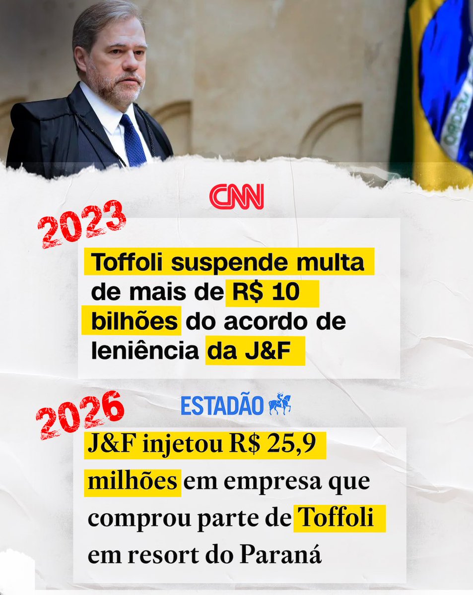 🤔 Coincidência?

Em 2023, Dias Toffoli suspendeu o pagamento da multa de R$ 10,3 bilhões do acordo de leniência da J&amp;F, firmado com o Ministério Público Federal. A decisão abriu caminho para que a empresa buscasse rever os termos do acordo na Justiça.

Agora, reportagem do