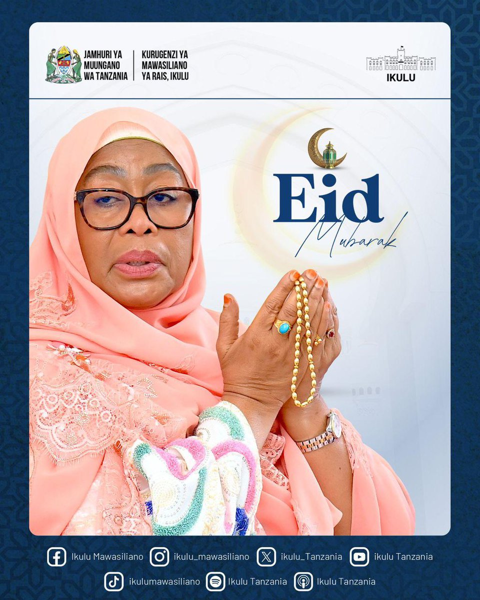 SALAMU ZA EID EL-FITRI

Nawatakia Waislamu na Watanzania wote Sikukuu njema ya Eid el-Fitri.

Tuyaishi na kuyaendeleza mema yote tuliyojifunza katika Mwezi Mtukufu wa Ramadhani: upendo, huruma na kusaidiana, ili kuimarisha maadili na mshikamano katika jamii zetu.

Tusherehekee