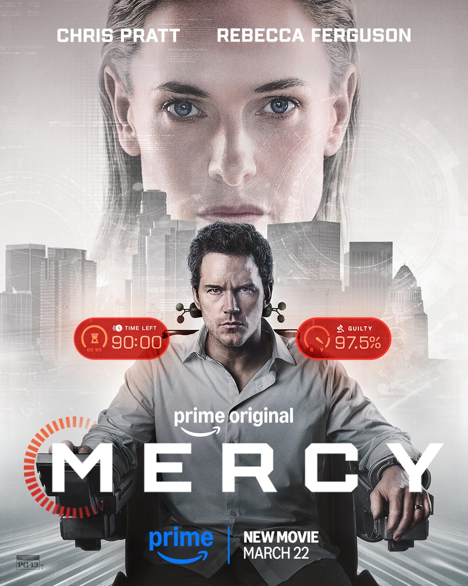 PrimeVideo's tweet photo. In the Mercy court, these decisions are final. Mercy starring Chris Pratt and Rebecca Ferguson, streaming March 22. https://t.co/xbpSDuJape