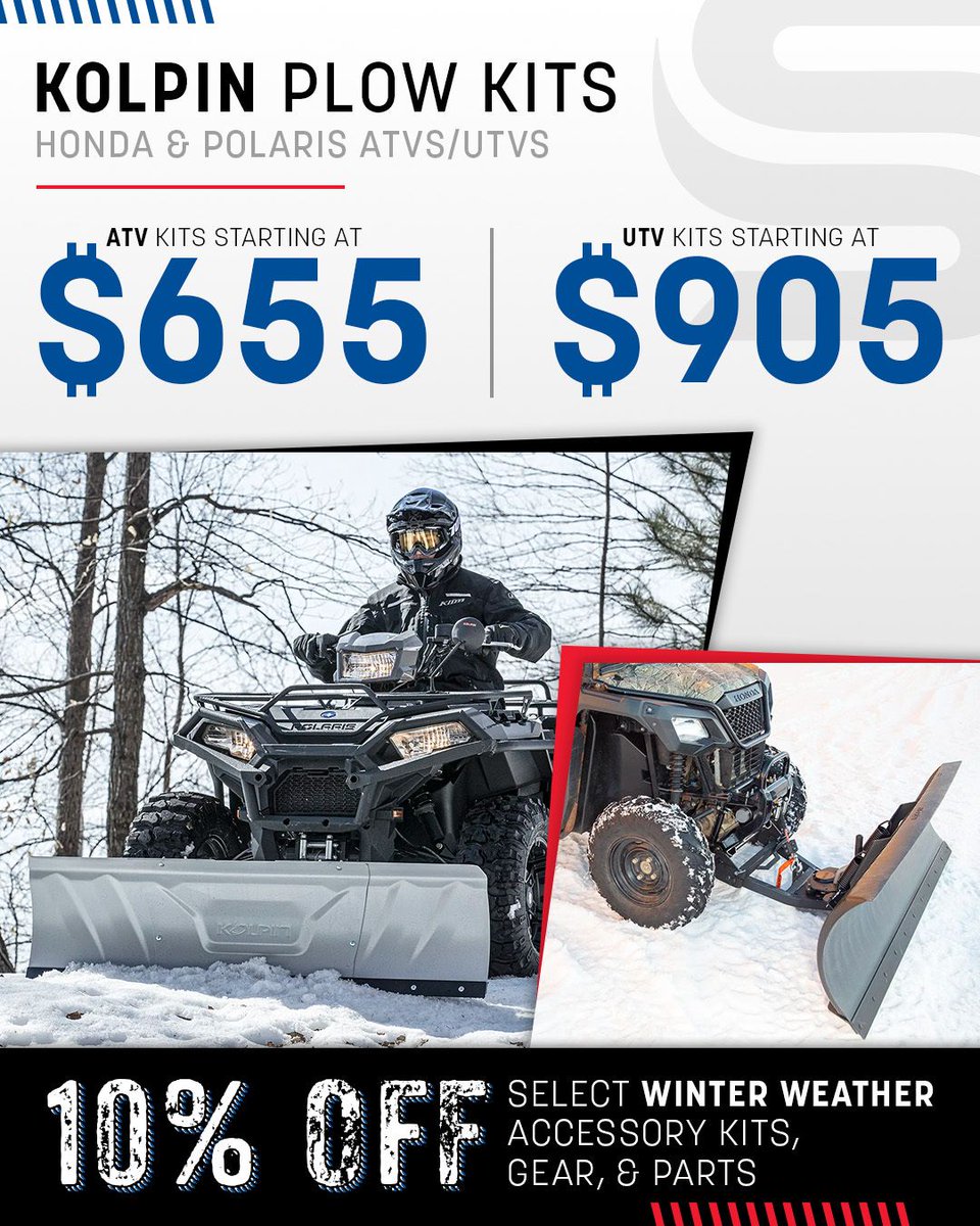 stroompwrsports's tweet image. Weekend plans including stashing your plow until next winter? If you've been thinking about upgrading anyway, then do it NOW before you get everything put away to lock in major savings! Take an extra 10% off select Kolpin plow kits for Honda &amp;amp; Polaris models.