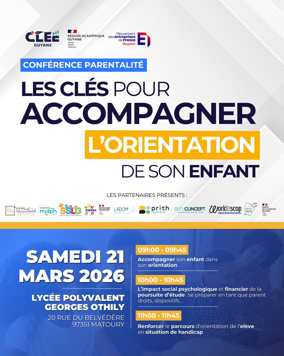 LadomOfficiel's tweet image. 🎓 Conférence parentalité : accompagner l'orientation des jeunes. 
RDV 21/03, 9h, Lycée Georges Othily. 
➡️LADOM Guyane informe sur ses dispositifs. 
@CTdeGuyane @Prefet973 @outremer_gouv

#Orientation #Jeunesse #LADOM