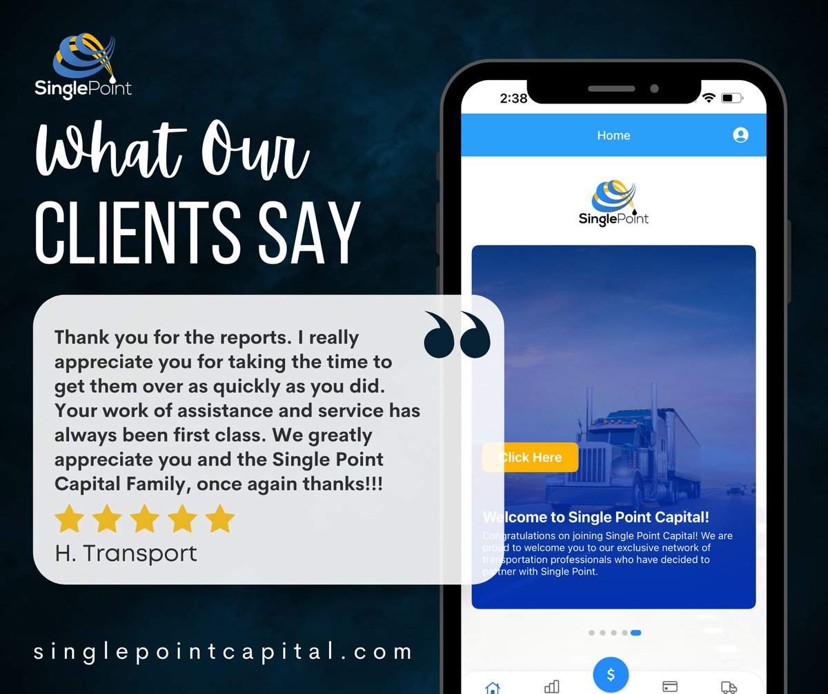SinglePointCap's tweet photo. We love hearing feedback like this! Our mission is to provide first-class service and support to our partners. Thank you for the kind words!

#singlepointcapital #services #factoring #trucker #houston #truckdriver #texas https://t.co/xnVTYVeIHi