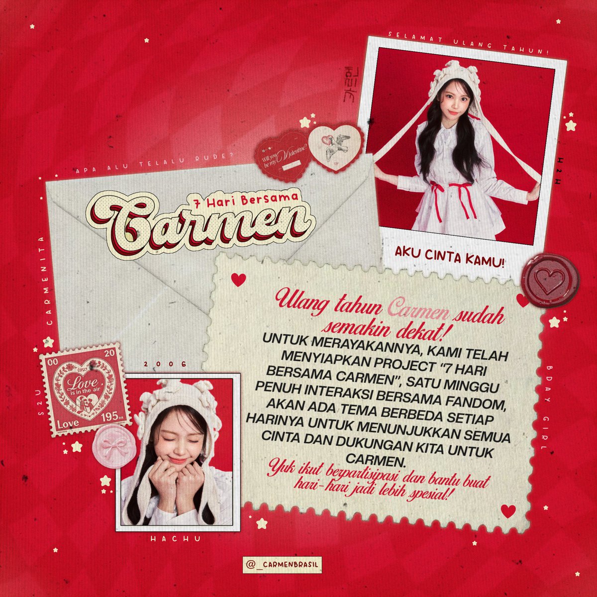 7 dias com a Carmen! ❤️

Falta pouco para o aniversário da nossa Carmen! Para comemorar, preparamos o projeto “7 Dias com Carmen”, uma semana de interações diárias com o fandom, cada dia com um tema diferente para demonstrar todo o amor e apoio por ela.

Participe e ajude a