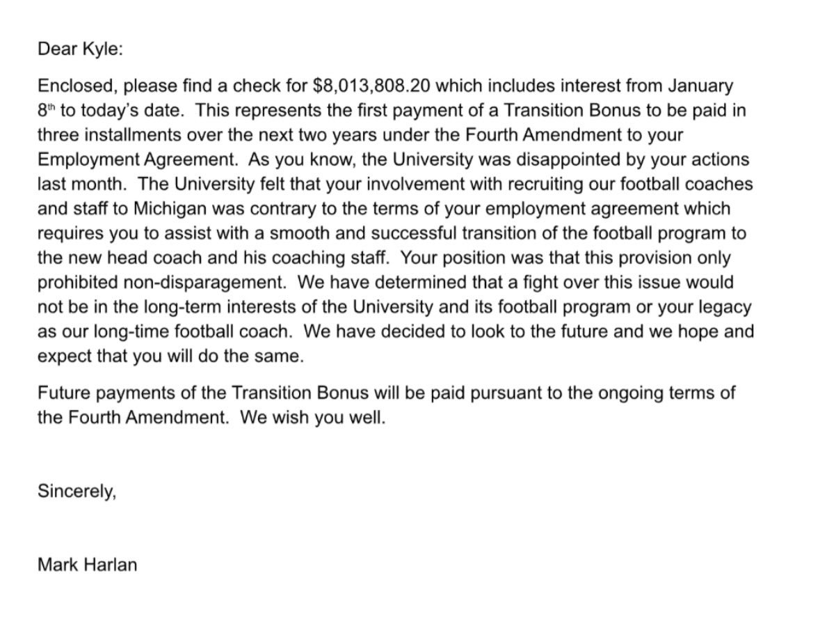 Despite the contention that Whittingham violated the separation agreement by taking with him six coaches and five players to Michigan, Utah paid the first $8M installment of the $13.5M “transition bonus” roughly a month after he became the Wolverines coach.