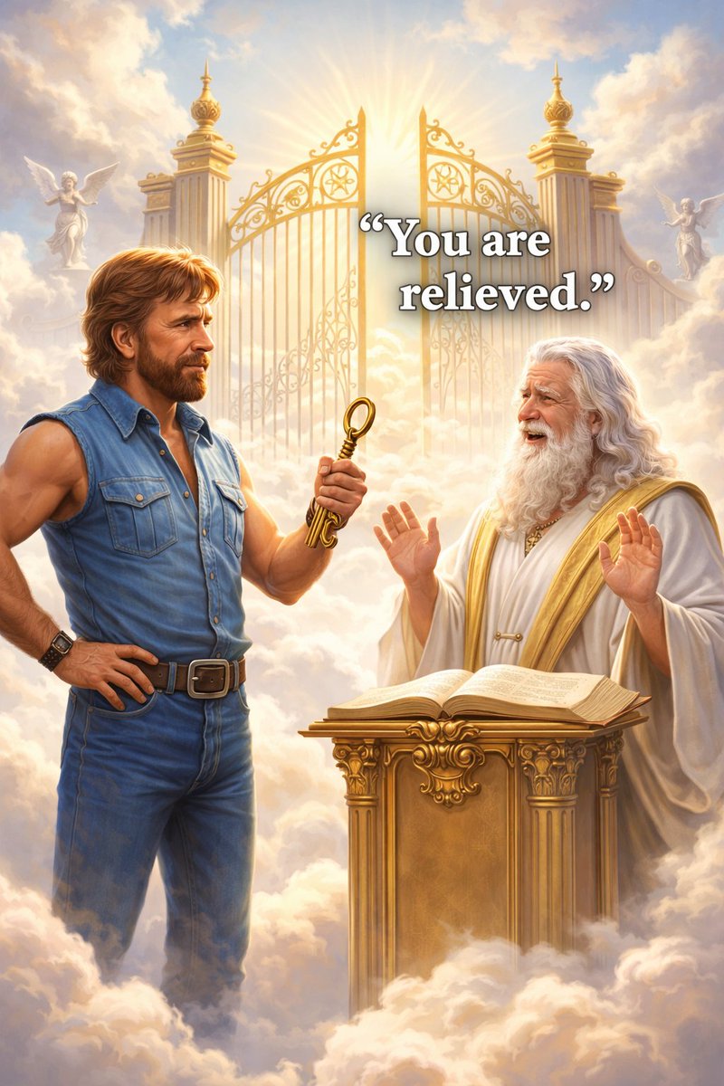 StevenJNelson's tweet photo. @chucknorris Has relieved St. Peter of his duties. https://t.co/NB0oVBwZVU