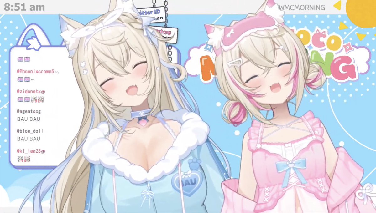 retrocapybara's tweet image. It was a fun and silly FWMC MORNING, thank you! You’re both always protecting our smiles, so we’ll be here with Mococo ready to welcome you back with those smiles, Fuwawa! BAU BAU!!! 🩵🩷
#FWMCMORNING