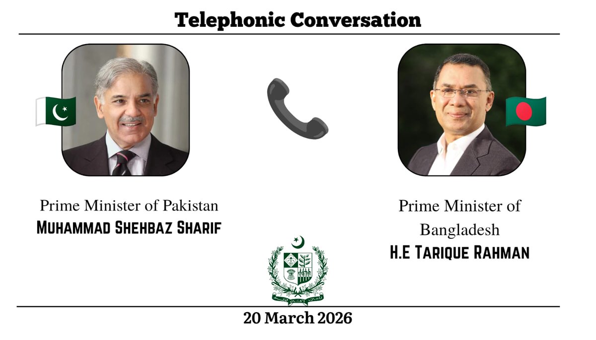 PakPMO's tweet photo. Lahore: 20 March 2026.

Prime Minister Muhammad Shahbaz Sharif held a telephone call with Prime Minister of Bangladesh H.E. Mr. Tarique Rahman to exchange Eid ul Fitr greetings. 

During the warm and cordial conversation between the two leaders, the Prime Minister conveyed Eid ul Fitr greetings to Prime Minister Rahman and the brotherly people of Bangladesh. 

Recalling the historic, fraternal and familial ties between the two countries, Prime Minister Shehbaz Sharif assured Prime Minister Rahman of Pakistan’s firm commitment to further strengthen bilateral cooperation with Bangladesh, across all spheres.

The two leaders also exchanged views on regional developments in South Asia as well as the  situation in Middle East and urged the pursuit of dialogue and diplomacy to resolve differences and disputes. 

Prime Minister Rahman warmly reciprocated Prime Minister Shehbaz Sharif's Eid greetings and extended his best wishes for the people of Pakistan.

Both leaders looked forward to working closely in the days ahead for the shared objectives of regional as well as global peace and stability.