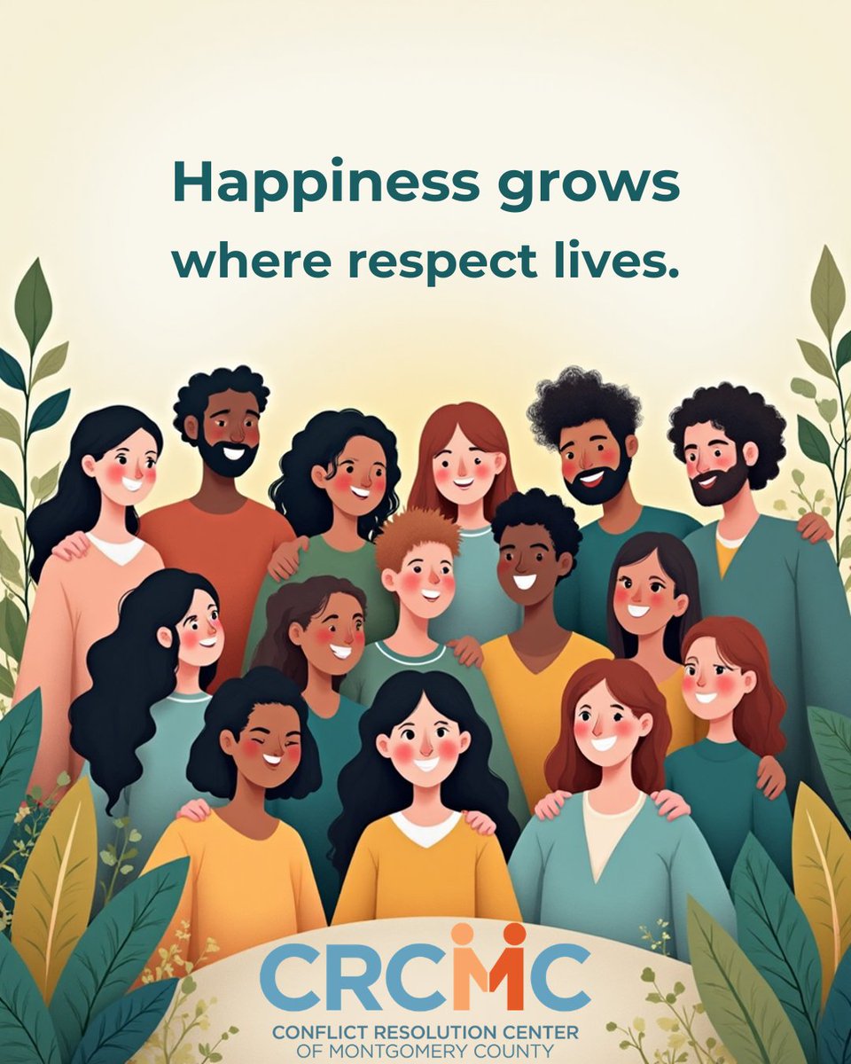 CRCMCtweets's tweet image. 😊 Happiness grows where respect lives.

At CRCMC, we believe that understanding, listening, and valuing each other are the seeds of strong, thriving communities.

#CRCMC #ConflictResolution #CommunityMediation #RespectMatters #Happiness #MontgomeryCounty #StrongerTogether