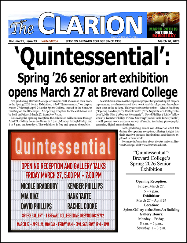 bcclarion's tweet photo. This week's issue of The Clarion, the @BrevardCollege student newspaper, is now available - published today, March 20, 2026. https://t.co/VFpRyks1Ar https://t.co/PhMuMDETiY