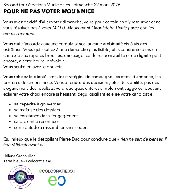 NiceVivre51166's tweet photo. Pour ne pas voter MOU dimanche à #Nice
#Municipales2026

@UnisPourNice @cestrosi @eciotti 
@xaviergarcia_06 @Nice_Matin @BFMCotedazur @iciazur @F3cotedazur @LucasHelin @Le_Figaro https://t.co/wTGSxJReMO