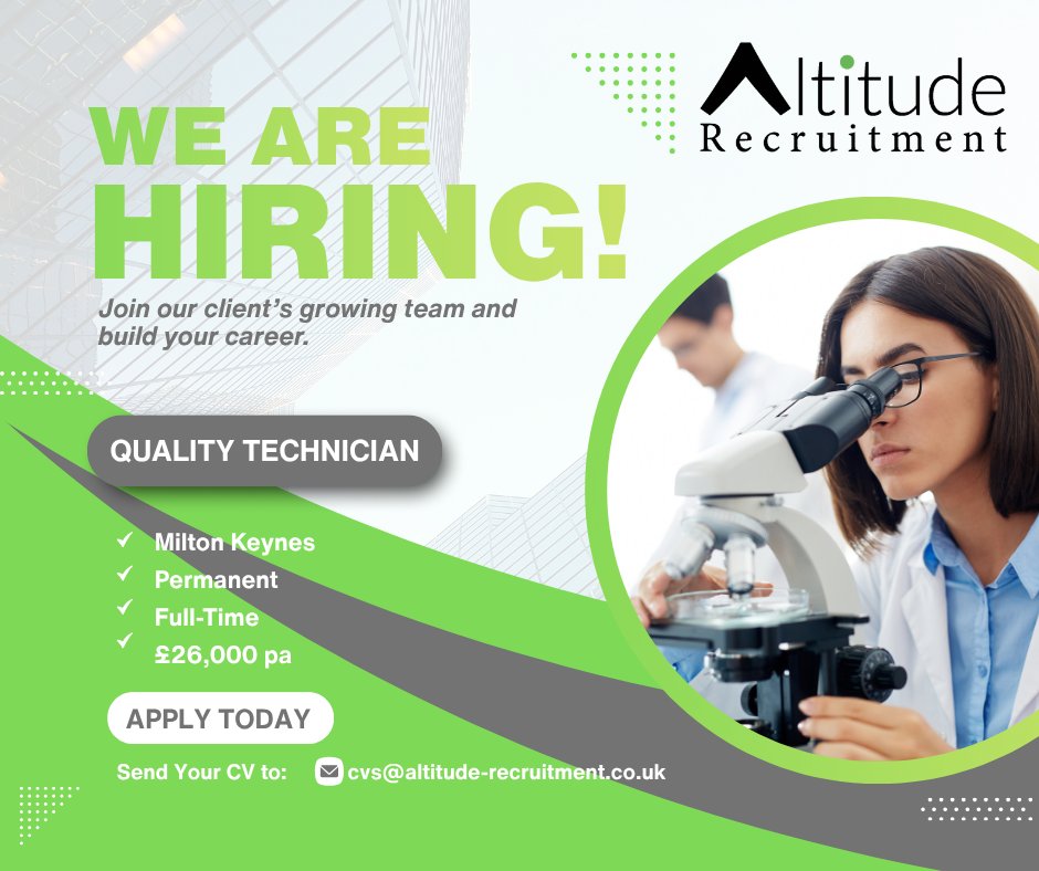 SarahAltitude's tweet photo. 🚨📢 WE ARE HIRING 📢🚨

Our client is seeking a QUALITY TECHNICIAN to join their growing team in Milton Keynes. 

Email your CV to: 📧
cvs@altitude-recruitment.co.uk

Or call for more information: ☎️
01604 696514

#MiltonKeynesJobs #QualityTechnician #ApplyNow https://t.co/5xV5YA8LvM