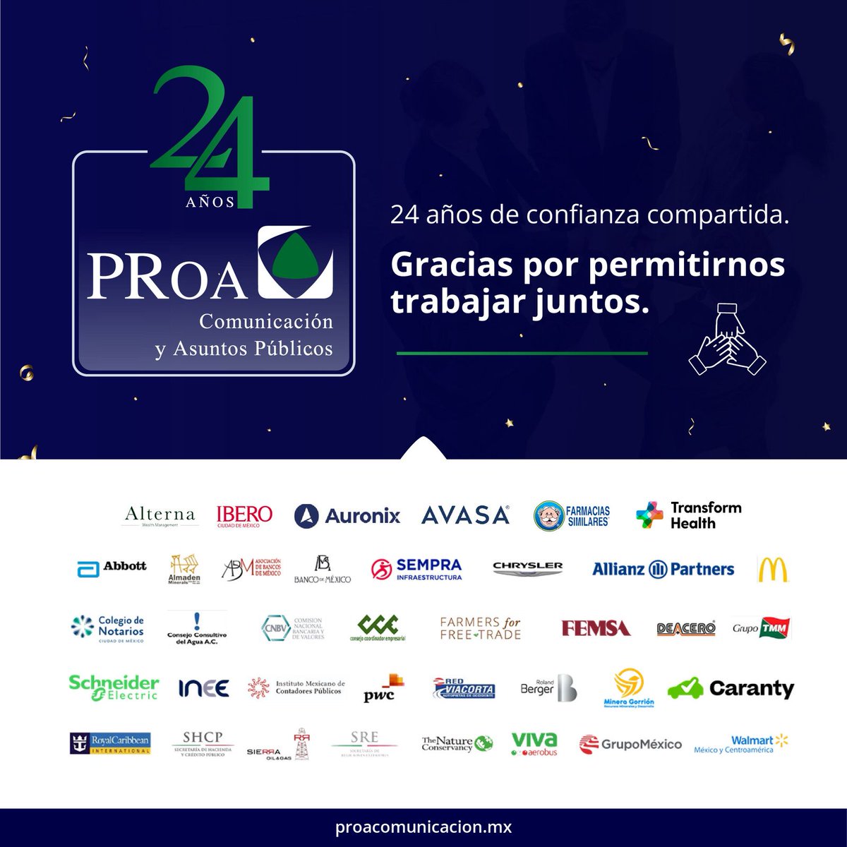 PRoa_TW's tweet photo. Detrás de estos 24 años hay algo muy simple: confianza. 💙💚

Gracias a cada cliente que ha caminado con PRoa, nos ha abierto la puerta a sus proyectos y nos ha permitido crear historia juntos, acompañándolos en el cuidado de su reputación. 🤝🏻

#24AñosPRoa #PRoaniversario #PRoa https://t.co/XeLksJQ6Ev