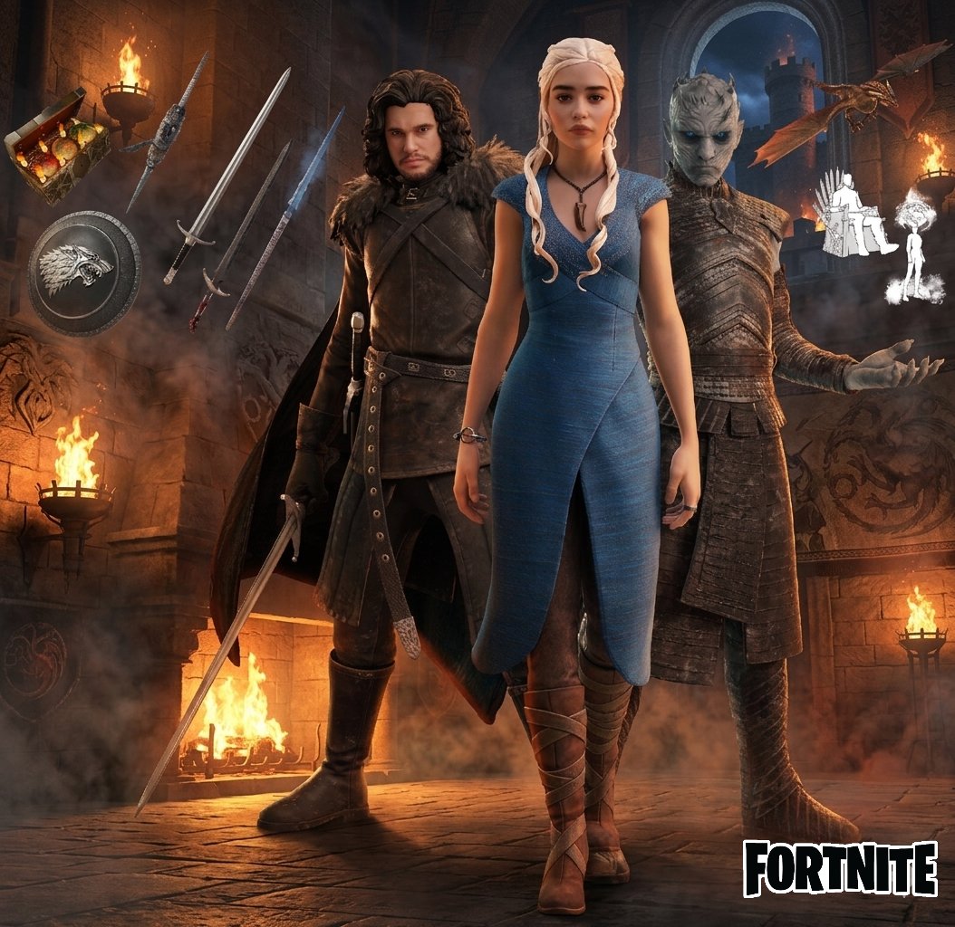 GankerGames's tweet photo. FORTNITE X JUEGO DE TRONOS  ❄️🐉⚔️ 

Paquete completo disponible:  
- Jon Snow  
- Daenerys  
- Rey de la Noche  
+ objetos temáticos, mochilas, picos, ala delta y emotes.  

#Fortnite #FortniteNews #GamersMéxico #EpicGames #JuegoDeTronos https://t.co/4lvwTTYMOX