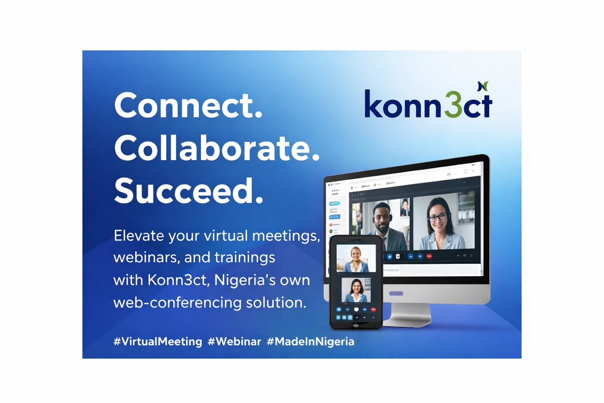 konn3ctapp's tweet photo. Introducing Konn3ct
A smart platform for virtual meetings, webinars, trainings, and team collaboration.

Connect better. Work smarter. Grow faster.
https://t.co/mkqs9LrGYh

#Konn3ct #VirtualMeetings #OnlineMeetings #Webinars #CollaborationTools #TechBrand #MadeInNigeria https://t.co/yvHEqnqhIm