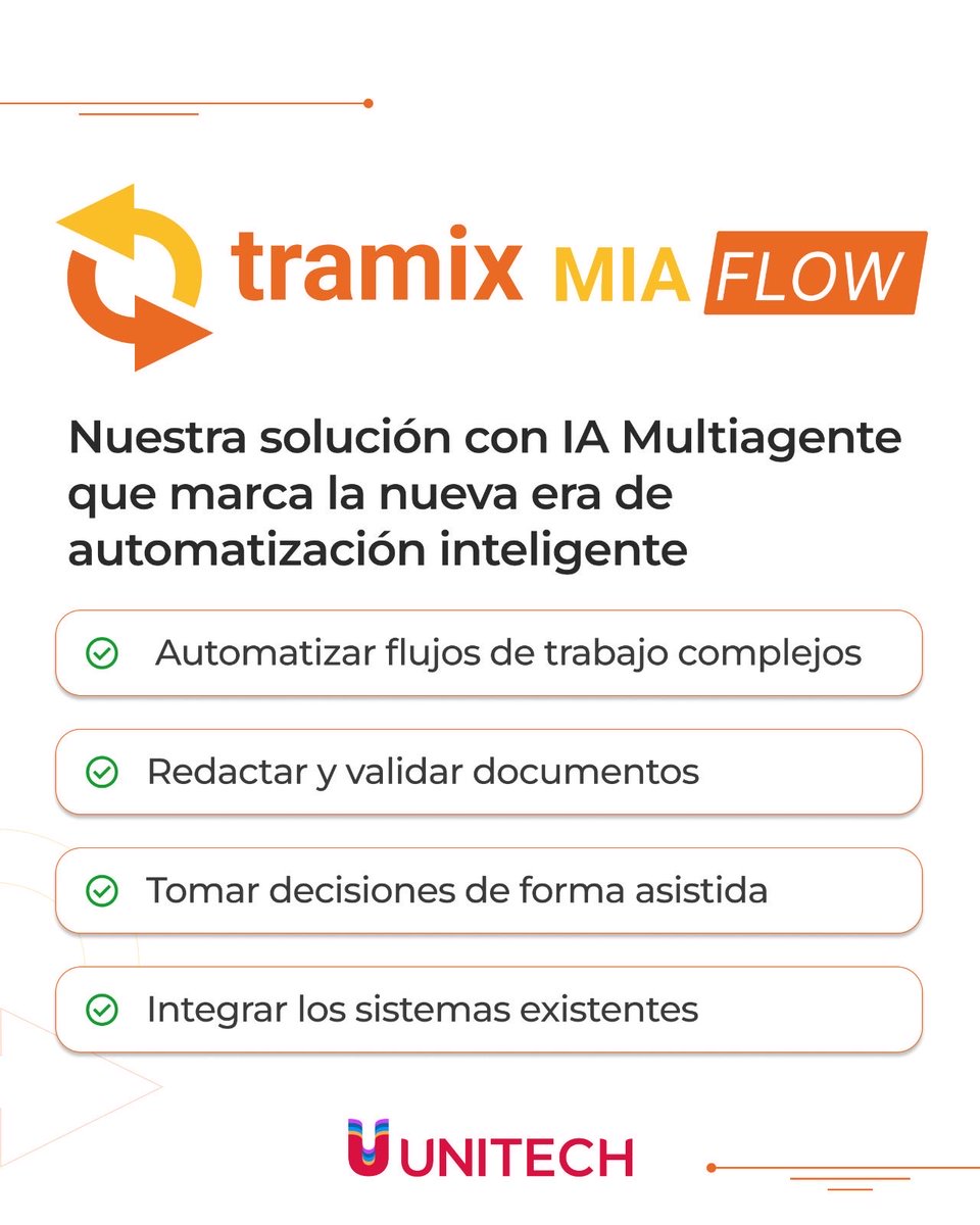 UnitechCorp's tweet photo. La transformación digital de la gestión pública entra en una nueva etapa.

En #Unitech desarrollamos Tramix MIA Flow, una solución con IA multiagente que ayuda a reducir carga administrativa y acelerar procesos en organismos públicos.

#TRAMIX #InteligenciaArtificial #Unitech https://t.co/llvGoF2Tv5