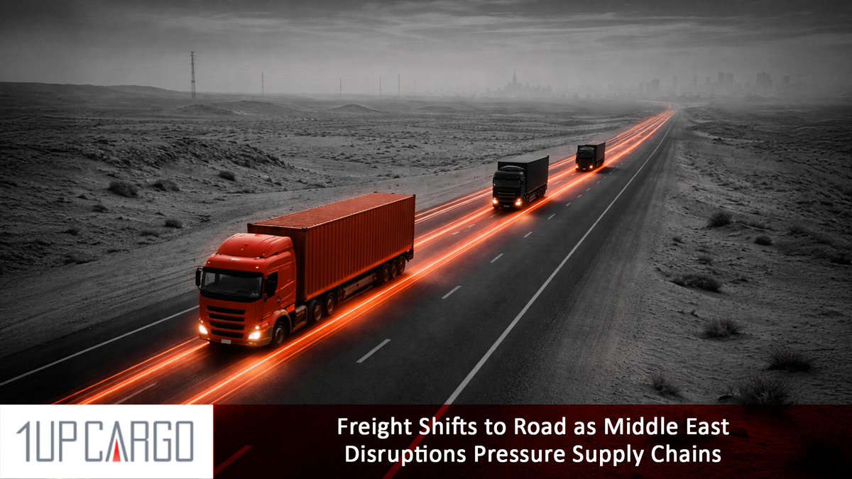 1up_cargo's tweet photo. Disruptions to maritime and air routes in the Middle East are pushing freight forwarders to shift cargo to road transport, as supply chains adapt to reduced capacity across key trade lanes.

🔗 Read more:
https://t.co/Q4vJtjMxuc

#OceanFreight #GlobalTrade #SupplyChain https://t.co/6MtQBzPN7Q