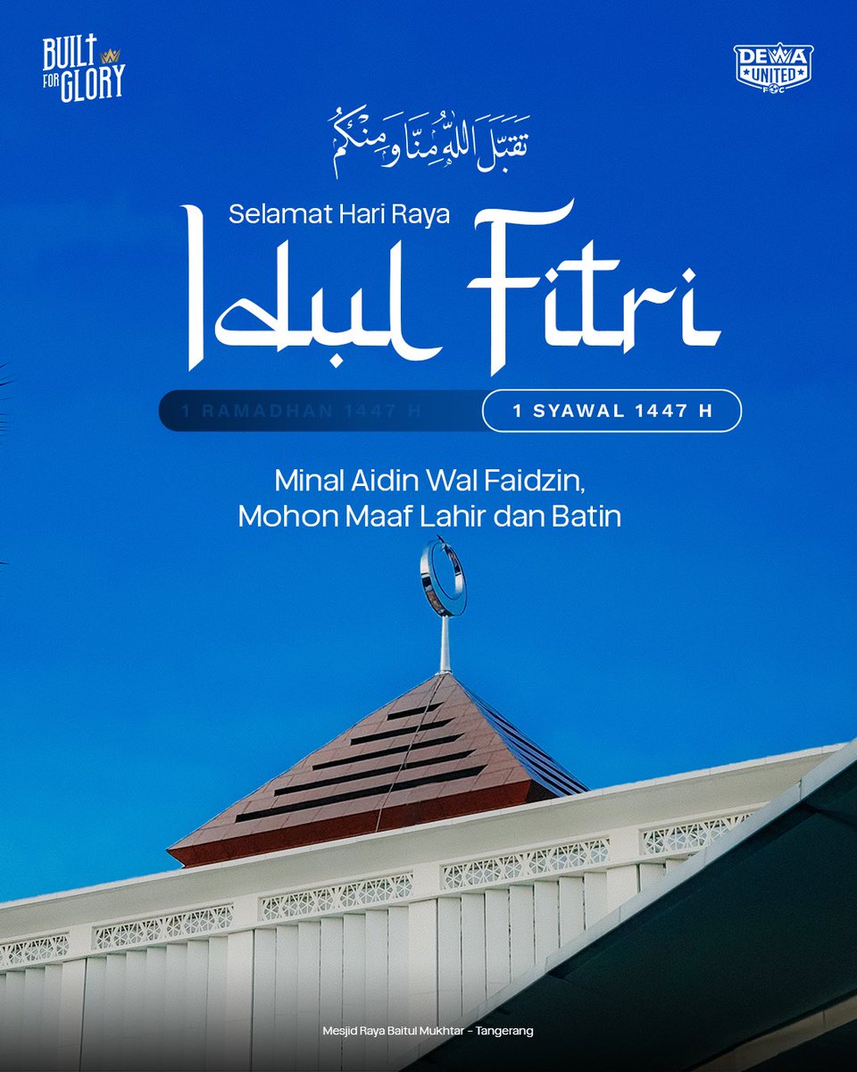 dewaunitedfc_'s tweet photo. 𝐒𝐞𝐥𝐚𝐦𝐚𝐭 𝐇𝐚𝐫𝐢 𝐑𝐚𝐲𝐚 𝐈𝐝𝐮𝐥𝐅𝐢𝐭𝐫𝐢! 🕌✨

Semoga di hari kemenangan ini membawa kedamaian di hati, mempererat kebersamaan, dan membuka lembaran baru yang penuh harapan. Semoga Allah menerima seluruh amal ibadah selama bulan Ramadan, #AnakDewa! 🖤

#DUBFC #BantenWarriors #BuiltForGlory