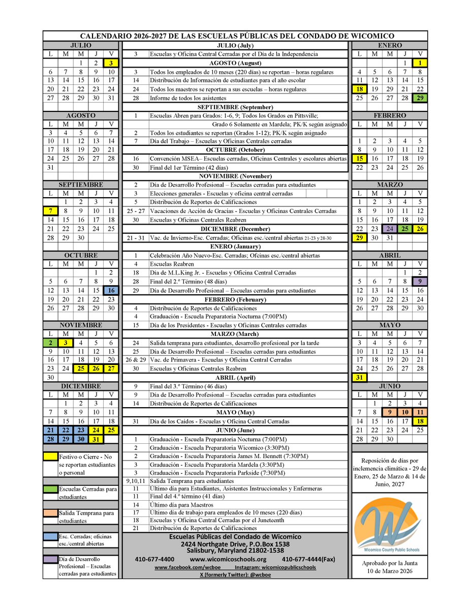 The County Board of Education has approved a calendar for the