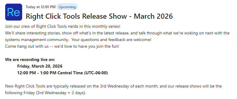 SeguraOSD's tweet photo. About 45 minutes until the @RecastSoftware Right Click Tools Release Show (and #OSDCloud too) for March 2026
Come hang out and meet the team
https://t.co/ZB1TdgelZQ https://t.co/Ed2rz4pyad