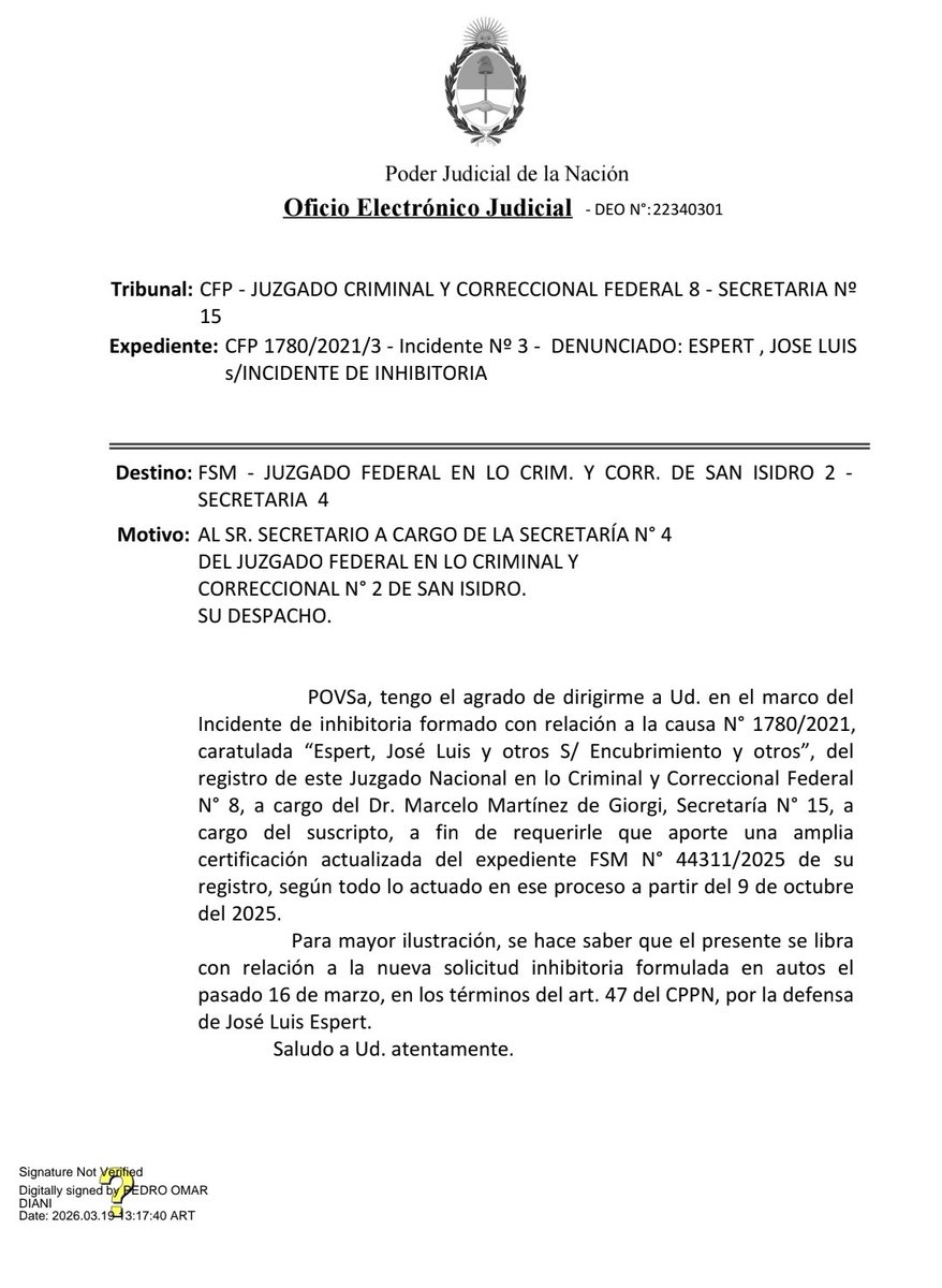 La investigación del caso Espert avanza en San Isidro, pero...  Espert quiere llevársela a Comodoro Py y ayer Martínez de Giorgi pidió la certificación total de la causa. ¿Primer paso para que vaya a Py? Igualito a Lago Escondido.