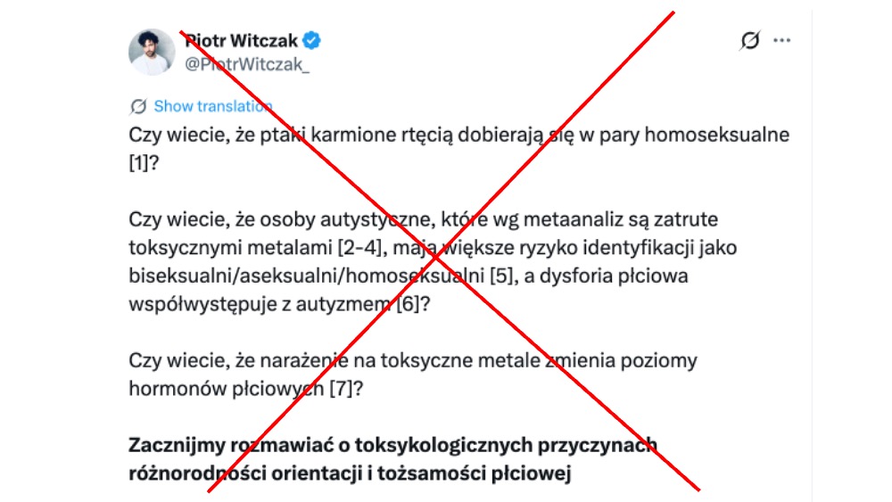 Long🧶Szanowni Państwo,
Pan Piotr Witczak „odkrył”, że toksyczne metale tłumaczą orientację i tożsamość płciową. Tym razem skleił w jeden pakiet: eksperyment na ptakach karmionych rtęcią, metaanalizy o metalach ciężkich u osób autystycznych oraz fakt, że osoby autystyczne