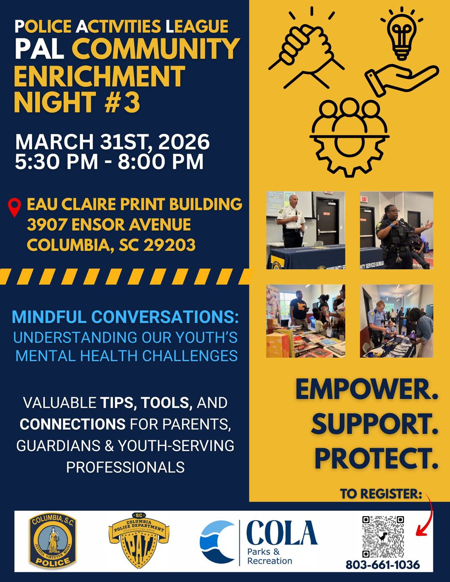 ColumbiaPDSC's tweet photo. Shout out to @wachfox @RadioTalk On Point for helping us spread the word about an upcoming Police Activities League (PAL) Enrichment Night for parents &amp; caregivers. See the flyer below for all of the details ⬇️ https://t.co/fQiPTvPYtw