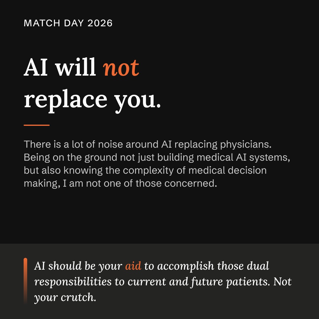 EvidenceOpen's tweet photo. Congratulations to every newly matched resident. From the OpenEvidence physician team to the Match Day class of 2026, here's what we wish someone had told us.

#Match2026