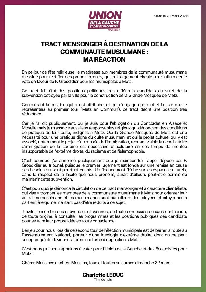 Ma réponse au tract mensonger qui circule, sur la position des candidats sur le projet de la Grande Mosquée de Metz. 
Rectifions les vérités, pour permettre un vote serein ! 

Dimanche, on vote Union de la Gauche et des Écologistes pour contrer la droite et l'extrême-droite !