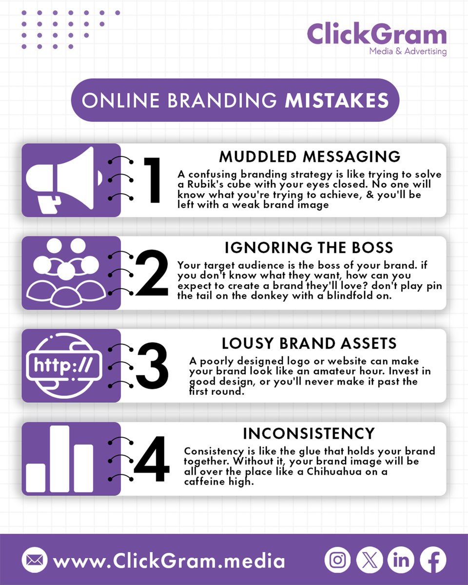 Clickgram_media's tweet photo. Fix your branding before it fixes your business… the wrong way 👀💜
.
.
.
.
#BrandingMistakes #ClickGramMedia #DigitalMarketing #BrandStrategy #SocialMediaTips #GrowYourBrand #MarketingIndia #ContentCreators #BusinessGrowth #CreativeAgency https://t.co/vFTtdkf8kX