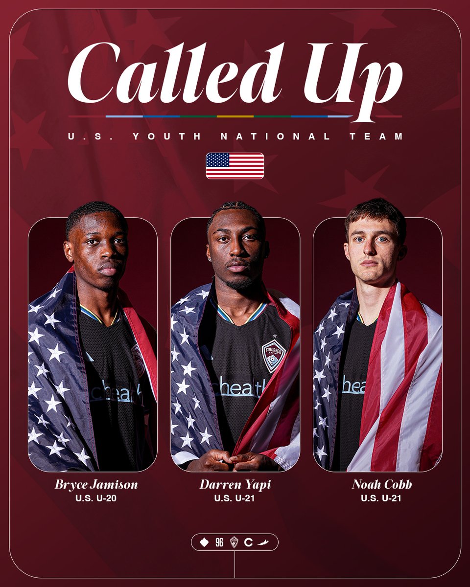 ColoradoRapids's tweet photo. For club and country 🇺🇸

Darren Yapi, Noah Cobb and Bryce Jamison have all been called up to represent various age groups for the @USYNT for their upcoming friendlies.

📰 » https://t.co/P0Tyjoq9VX

#Rapids96 https://t.co/8kU3wZMN4x