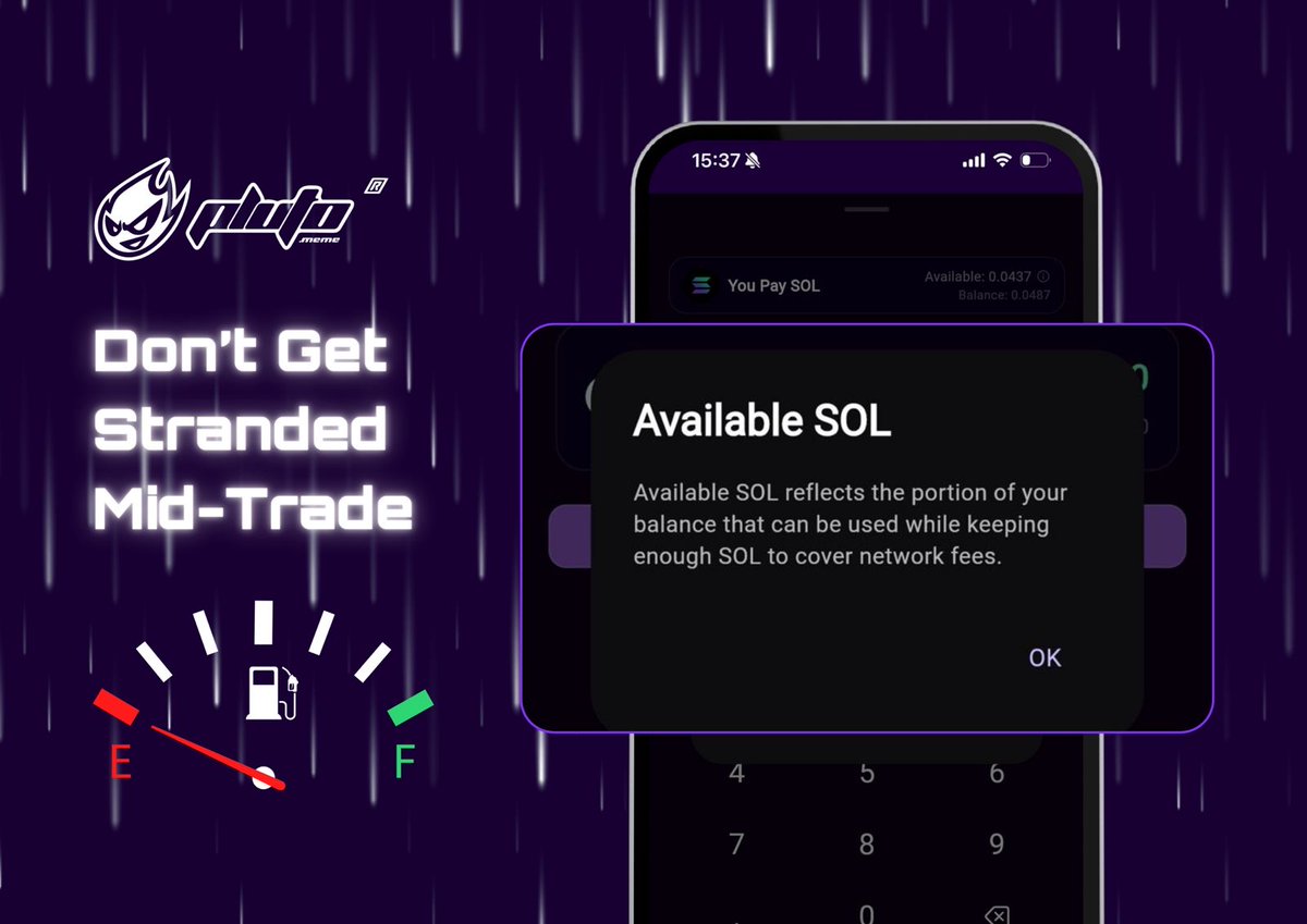 Most <a href="/solana/">Solana</a> memecoin platforms let you trade your full balance.

Then you hit:
→ insufficient funds for gas
→ failed transaction

Running out of Solana for gas is one of the most common reasons trades fail, especially for new users.

<a href="/TradeOnPluto/">Pluto</a> fixes this.

We automatically