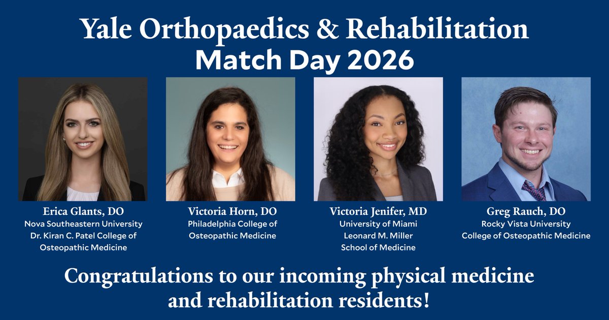 OrthoAtYale's tweet photo. Congratulations to our incoming physical medicine and rehabilitation residents! We are looking forward to working with you and helping you grow in your #physiatry career.
#PMRTwitter #Match2026 #PMRMatch2026 #MatchDay2026 #Physiatrist #PMR #PMandR #MedStudentTwitter #Residency https://t.co/jDymxSNbX9