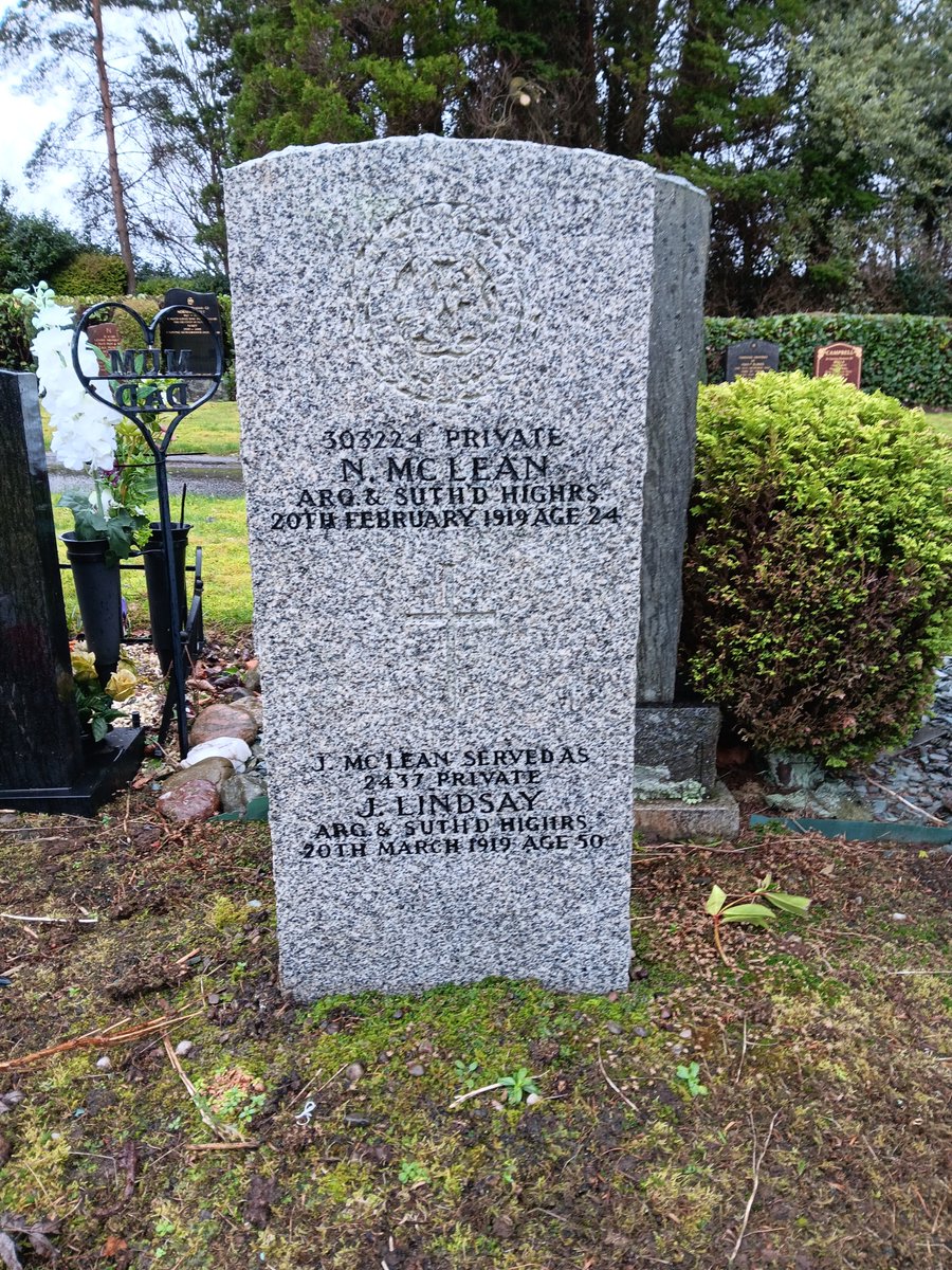 BrianWITGuy's tweet photo. James McLean (served as James Lindsay) Argyll &amp; Sutherland Highlanders died #OTD 1919.  His son Neil also a Private with A&amp;SH was wounded on the 16 May 1917 at Arras &amp; died same date 1 month earlier. Buried together at Tillicoultry Cemetery #EOHO @CWGC @ArgyllsMuseum  #WW1 https://t.co/y2N3ZswoF1