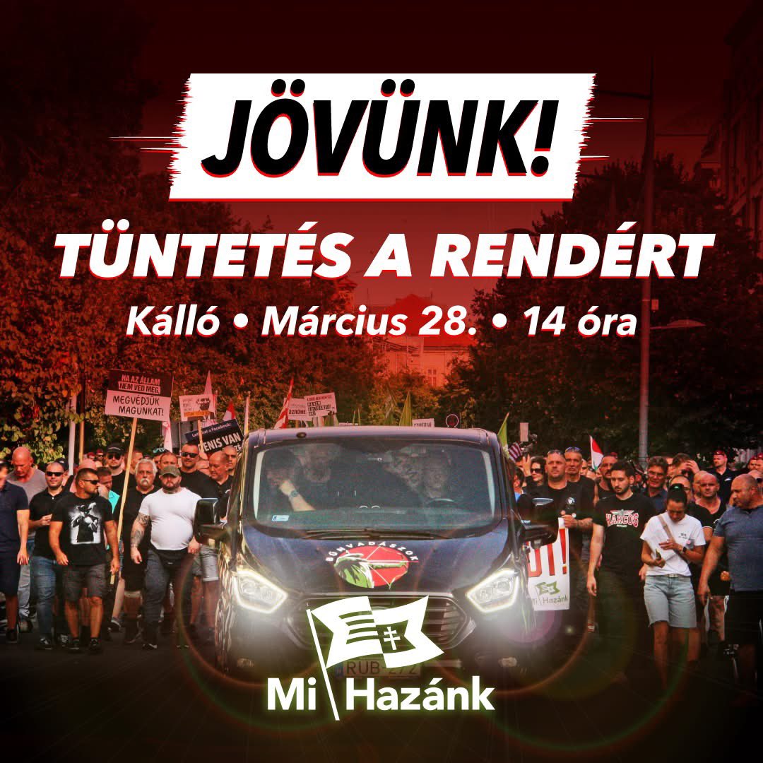 novak_elod's tweet photo. ⚠️TÜNTETÉS KÁLLÓN

❗️ Üzenjük az összes bűnözőnek: A piti bűnözőtől, a szamurájkardos gengsztereken át a bankárokig és a politikusbűnözőkig, mindenkit el fogunk számoltatni. Mindenki várjon az érkezésünkre, mert jövünk! 

🟩 Március 28-án, 14 órakor Kállón tüntetünk, ahol megtámadták a Bűnvadászok kisbuszát, és azóta is életveszélyesen fenyegetnek bennünket. Mutassuk meg, hogy nincs egy négyzetcentiméter sem a hazánkban, amit a bűnözők elfoglalhatnak! 

📲Kerüljük ki a cenzúrát, kérjük osszák meg ezt a bejegyzést. Hívunk mindenkit!