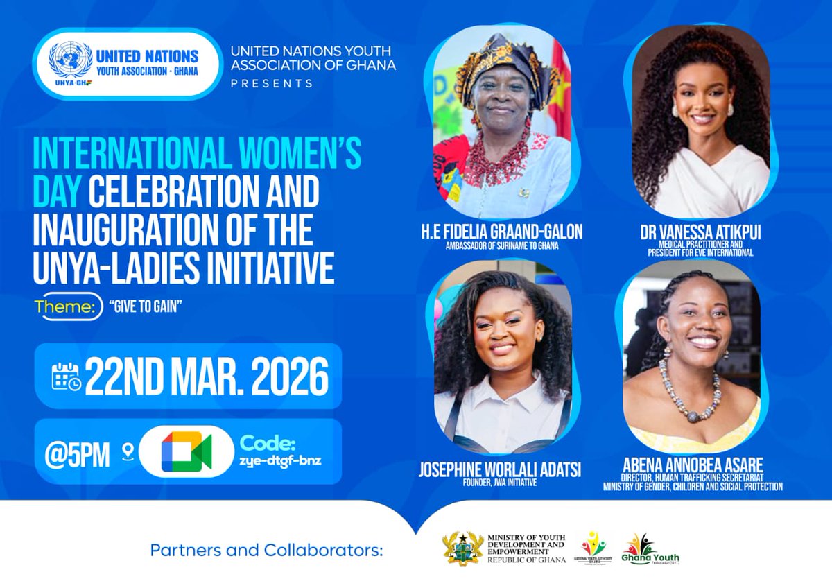 UNYA_GHANA's tweet photo. Join the United Nations Youth Association of Ghana as we celebrate International Women's Day and inaugurate the UNYA-Ladies Initiative under the theme "Give to Gain" because when women lift each other, everyone rises. https://t.co/rXg1Dw2Eu5